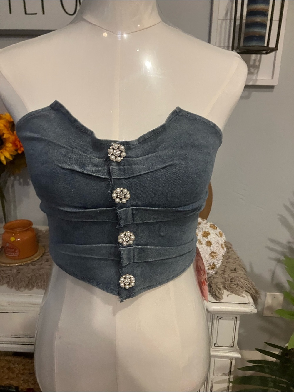 SHEIN Blue Denim Strapless Corset Top with Pearl Buttons